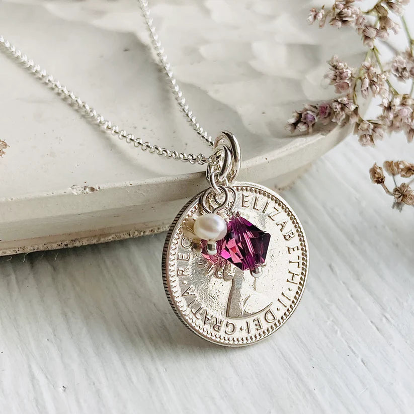 Queen Elizabeth II Sixpence Pendant with amethyst birthstone and pearl charm with sterling silver chain