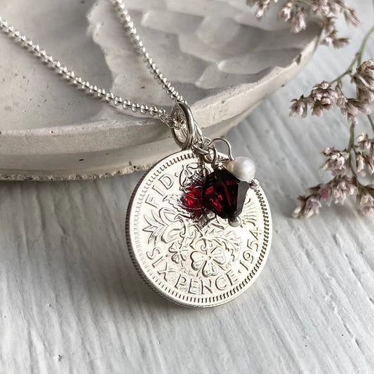 British sixpence pendant necklace with sterling silver and birthstone - ideal 70th gift 
