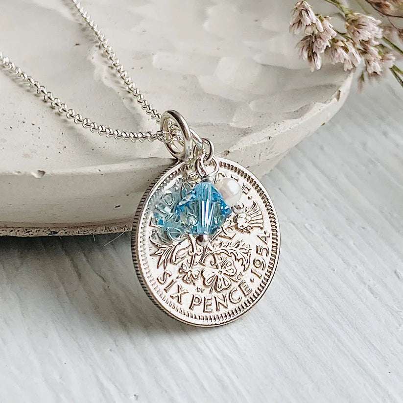 British sixpence coin pendant, 70th gifts, March birthstone and sterling silver chain