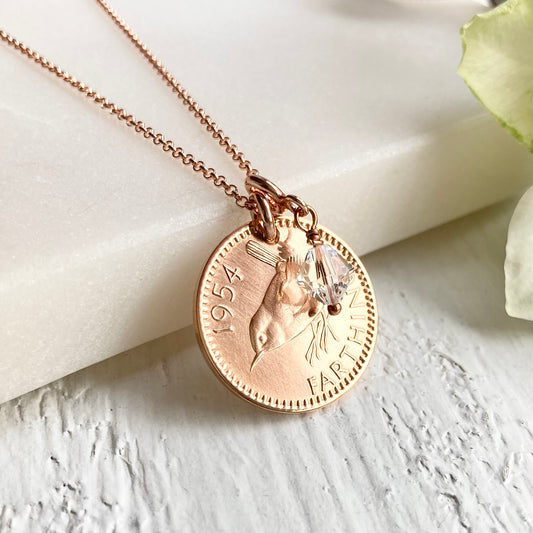 1954 farthing necklace gift for 70th birthday, coin jewellery for women, rose gold pendants for her