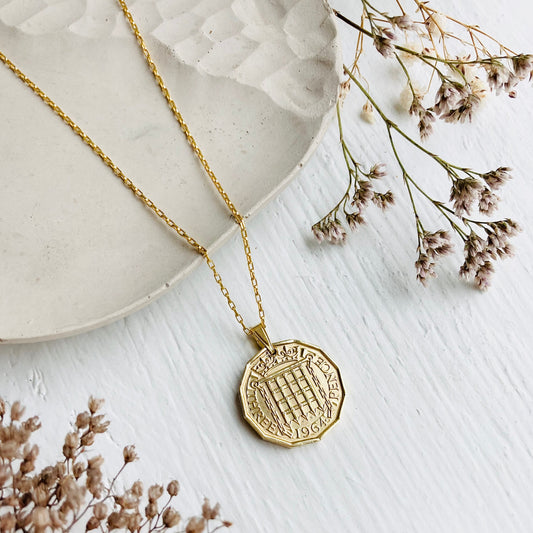 60th gifts by Prenoa - coin necklace for men and women, gold coin pendant three pence necklace