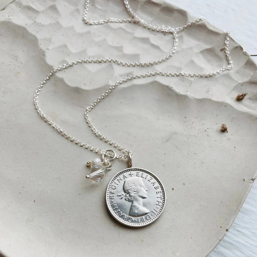Sixpence silver coin necklace and jewellery for women, April birthstone
