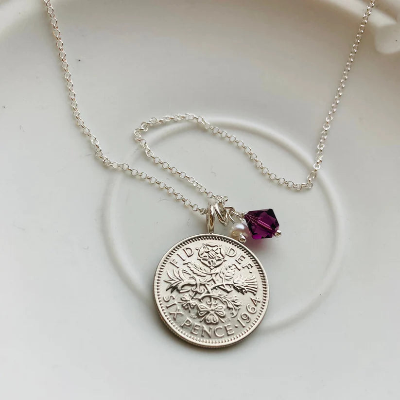 Elegant 60th sixpence necklace with amethyst birthstone charm and sterling silver chain by Prenoa 
