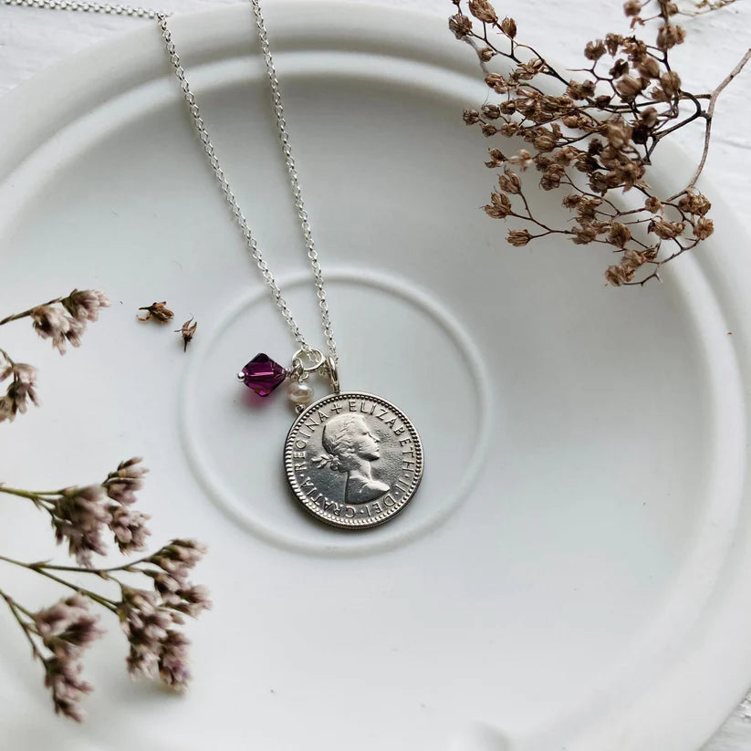 Heads side of 1964 sixpence necklace, February birthstone