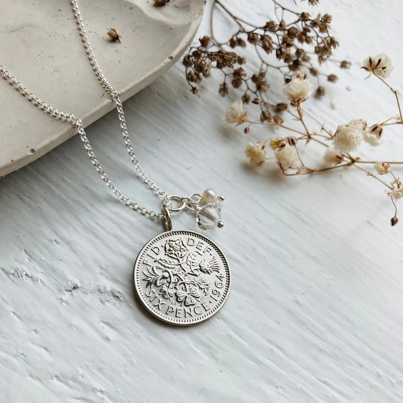 1964 silver sixpence coin pendant gift for women's 60th