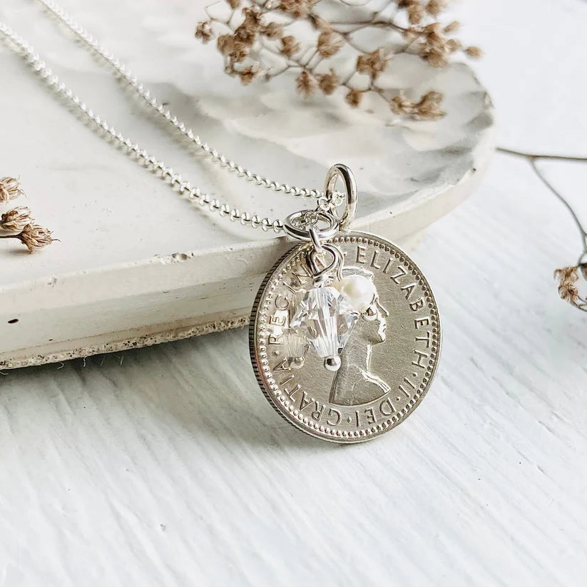 Queen Elizabeth heads side of sixpence necklace, coin jewellery for her