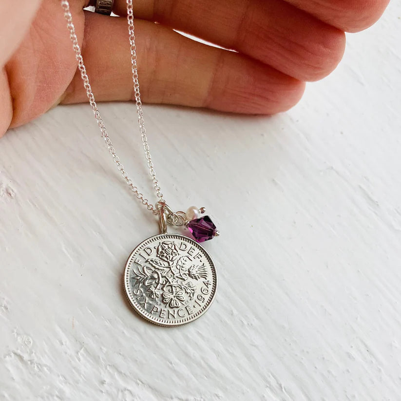 1964 Sixpence Necklace, February birthstone and sterling silver