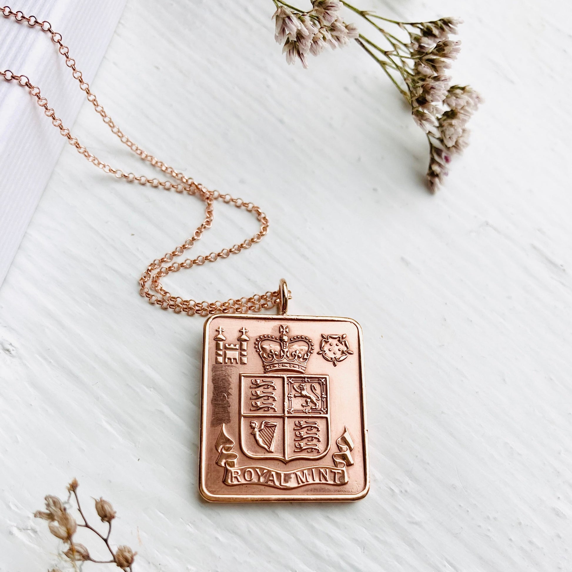 Royal Mint Token Medal necklace with rose gold chain, 50th gifts by Prenoa
