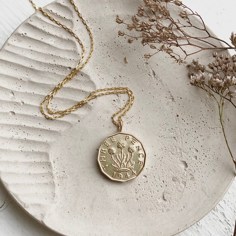 Gold coin necklace, brass thrift real coin British pendant with gold chain