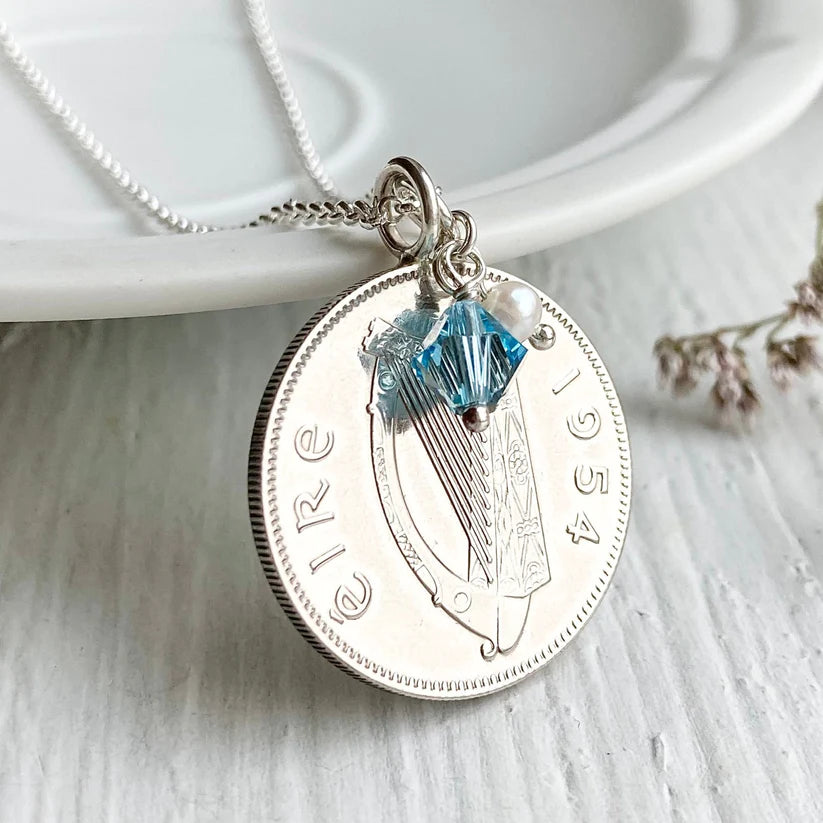 Silver Irish Coin Necklace for 70th Birthday, March Birthstone