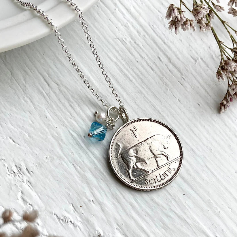 1954 70th Birthday Irish coin pendant with sterling silver and March birthstone, 70th gifts for women