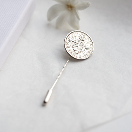 Silver sixpence lapel pin, brooch, gift for him or her, 60th gifts.