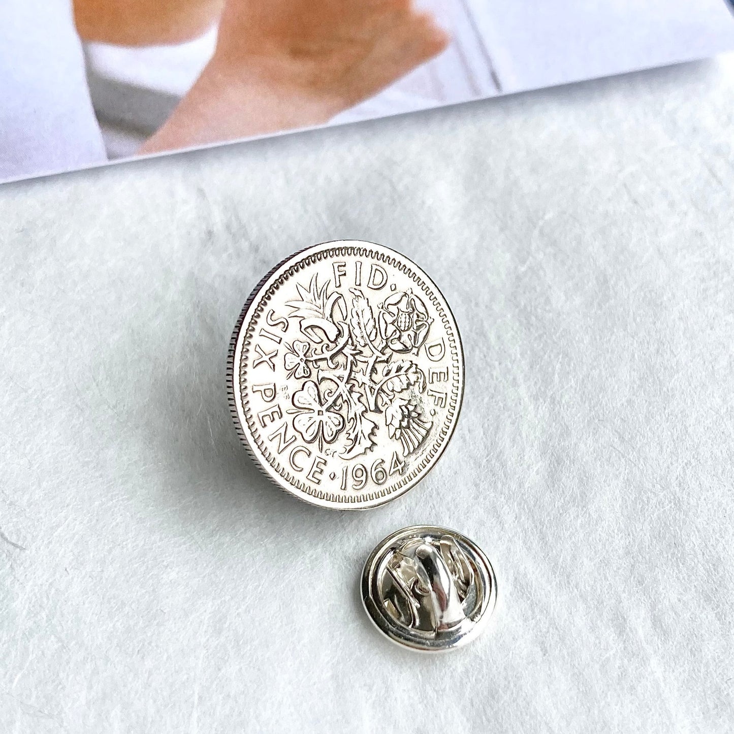 Silver Coin 1964 British sixpence pin, gift for men and women