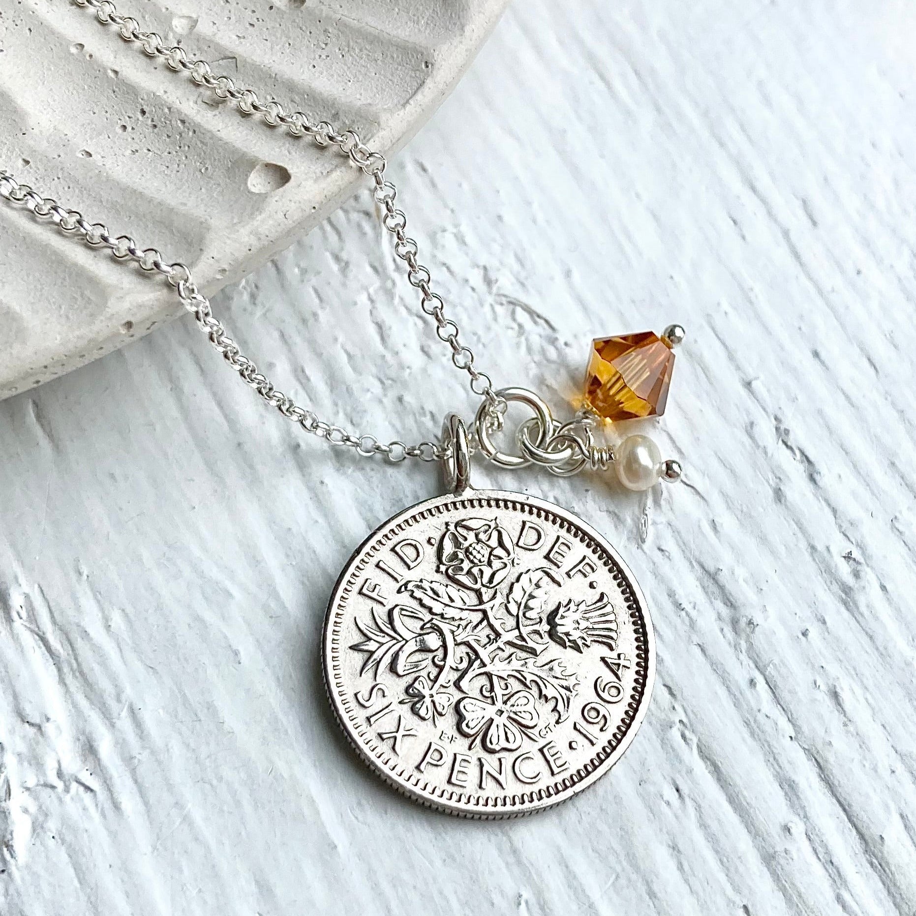 1964 sixpence pendant, topaz birthstone for November birthday