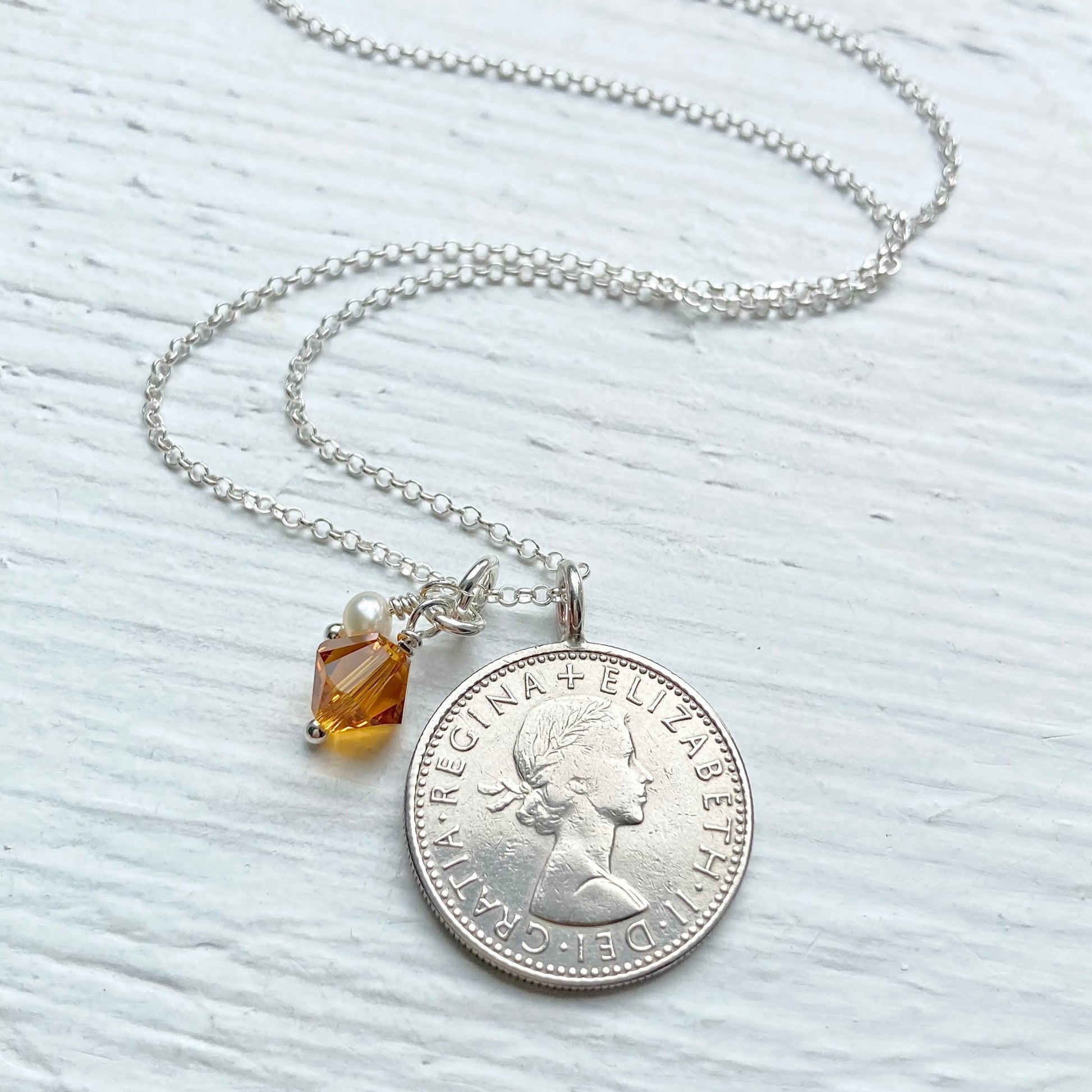 Topaz November birthstone, 925 chain and British Queen Elizabeth sixpence pendant