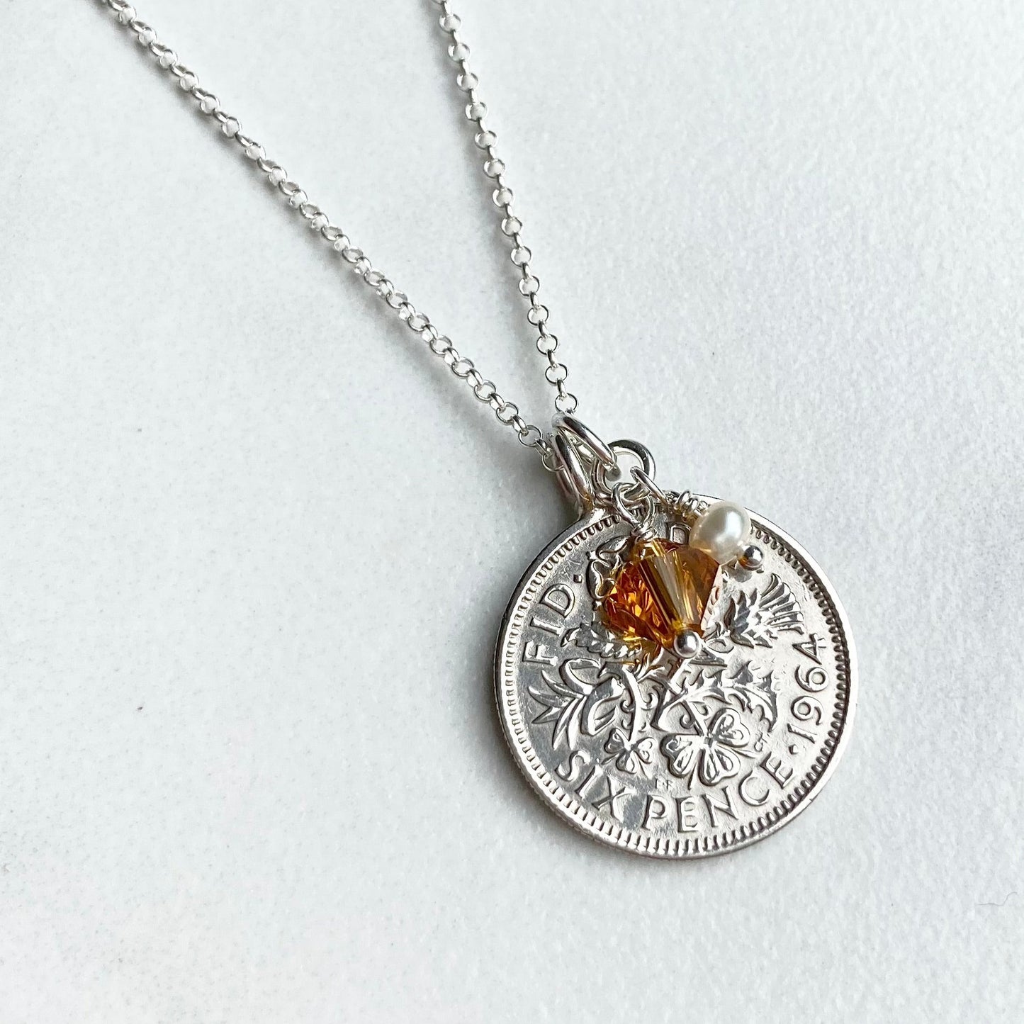 60th gifts for her, sixpence necklace with topaz and pearl charm - 1964 gifts 