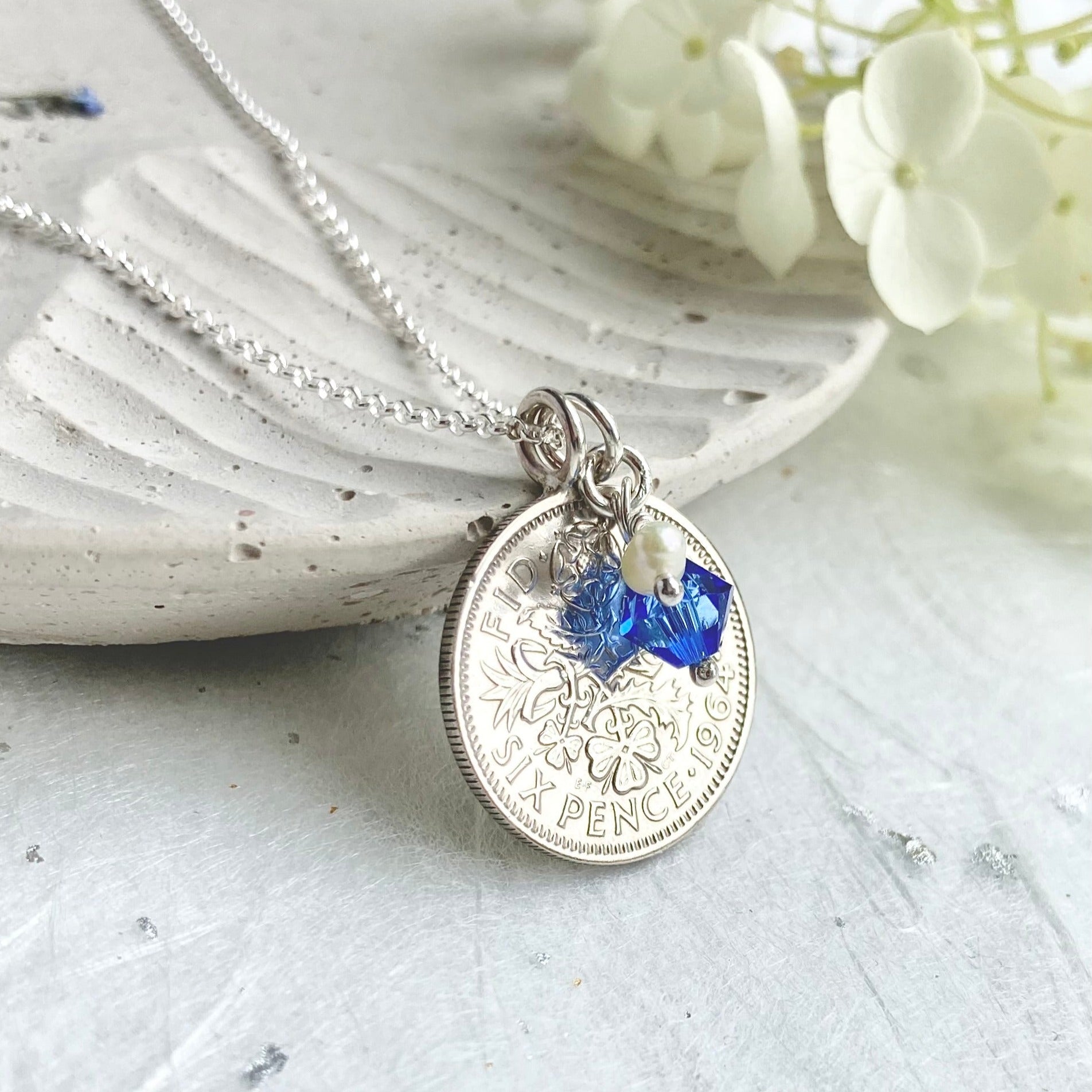 Sixpence necklace with sapphire birthstone charm, 925 chain