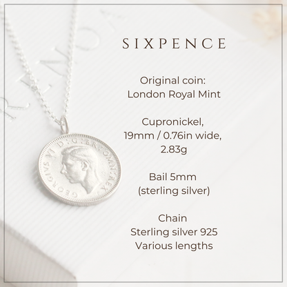 Sixpence coin - London Royal Mint, Cupronickel, 19mm/0.76in wide, 2.83g Bail 5mm Sterling silver, Chain Sterling silver 925 from 18inches