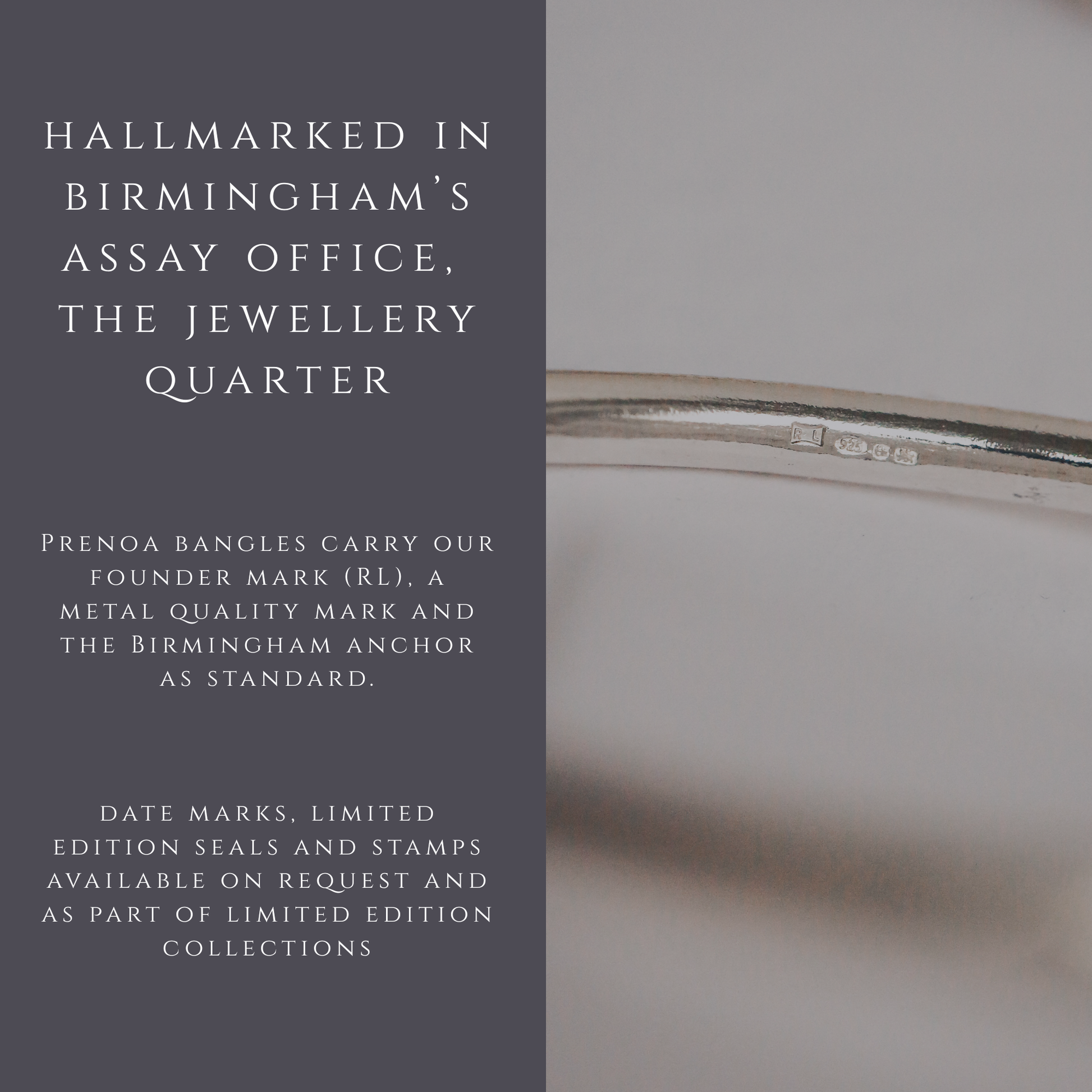 Silver bangle with hallmarking details on a gray background