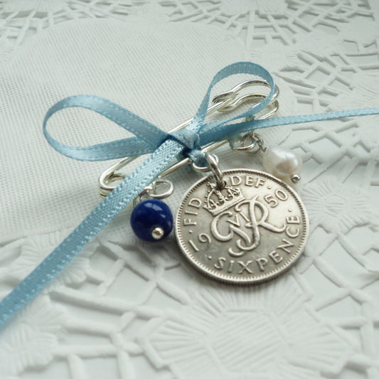 Silver Sixpence Wedding Pin - Bridal Gift Something Old
