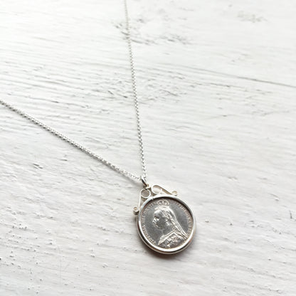 1887 Queen Victoria Sixpence Necklace - Sterling Silver