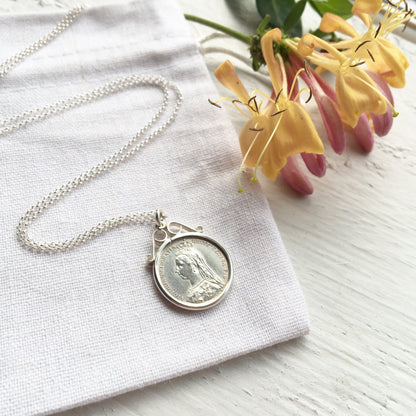 1887 Queen Victoria Sixpence Necklace - Sterling Silver