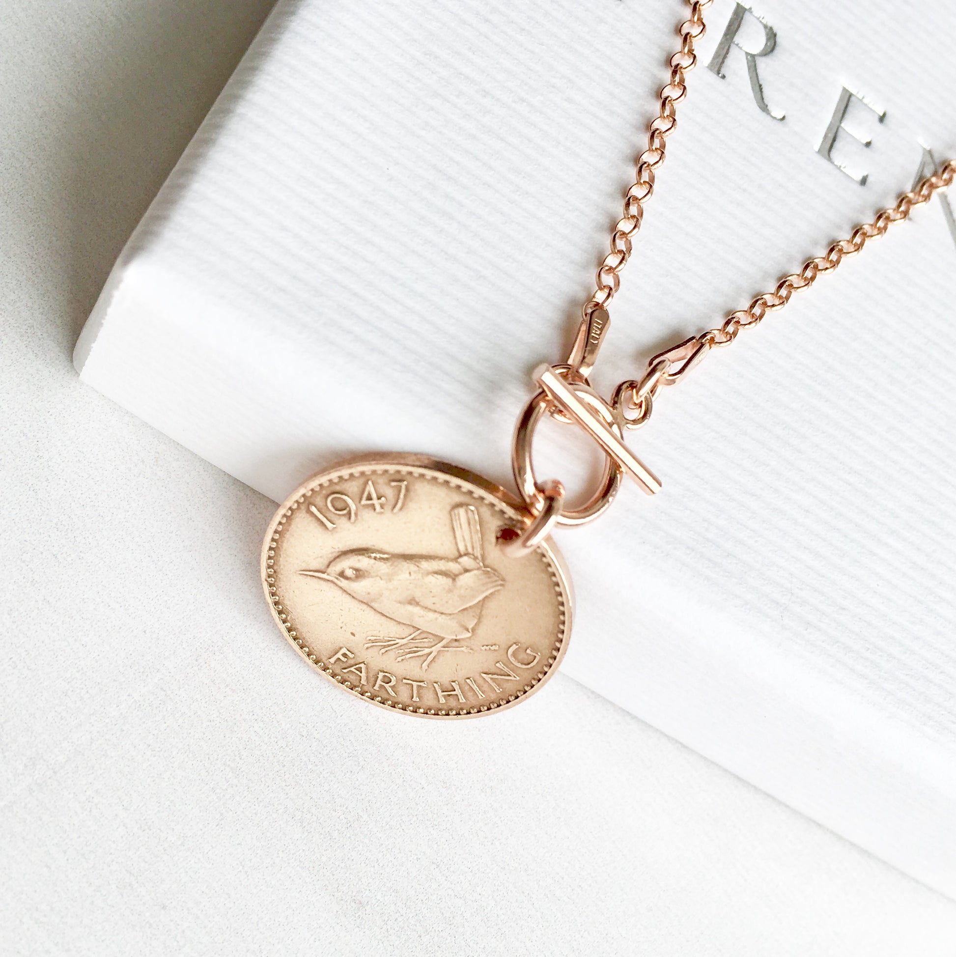 Bronze Wren farthing coin necklace women's gift