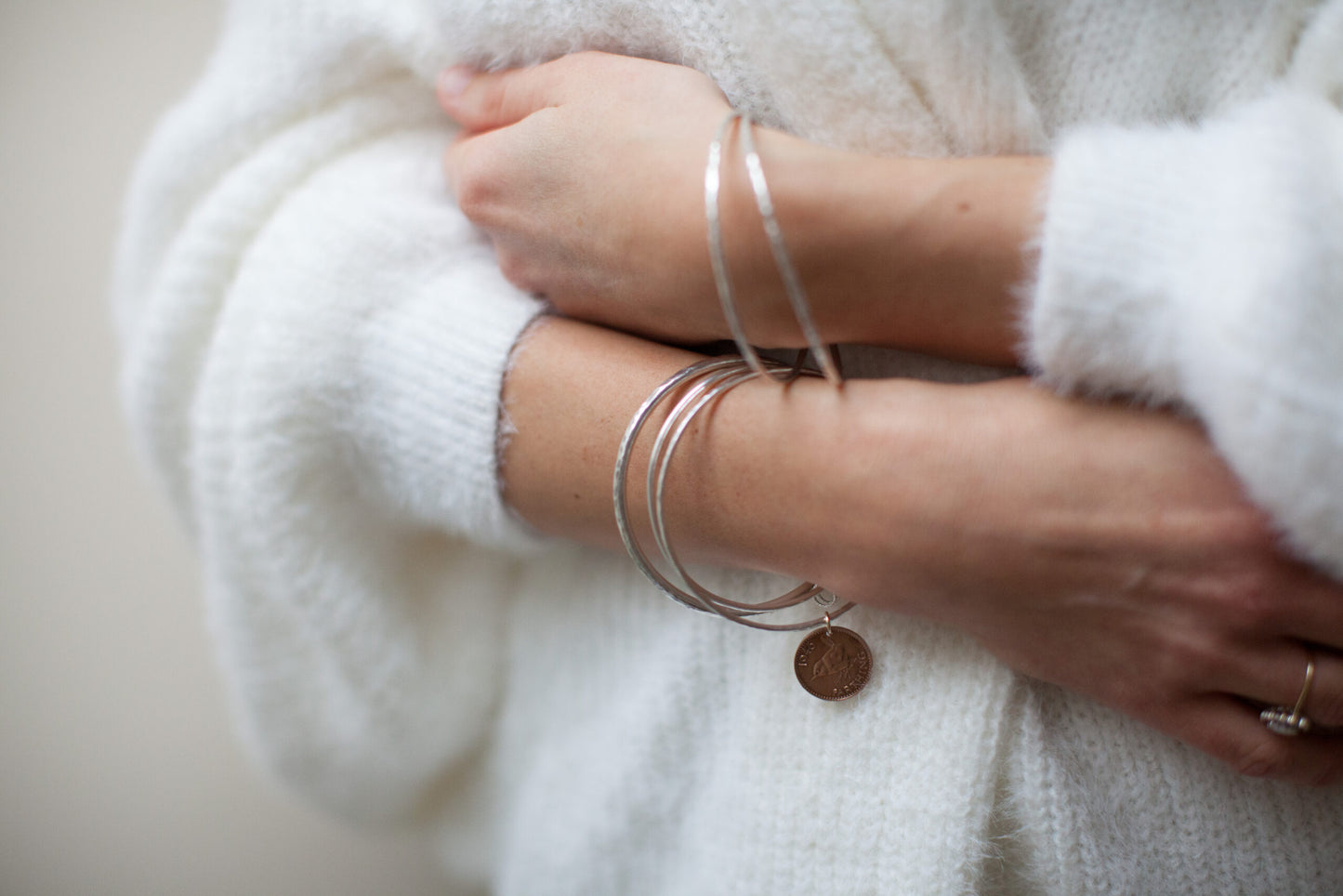 'You and Me' Heart Bangle - Sterling Silver Bracelet