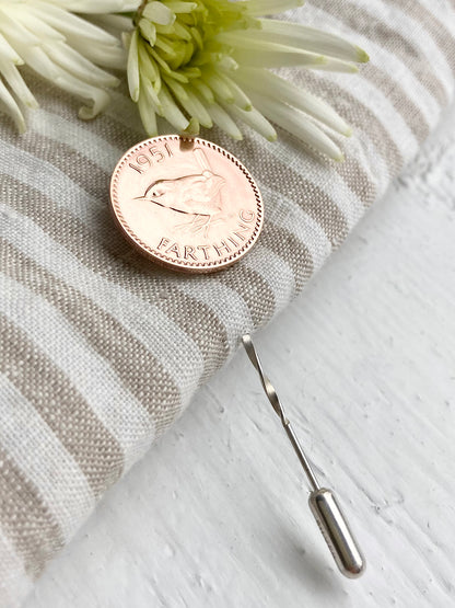 Real British farthing lapel pin with sterling silver twisted stick pin. Handcrafted by Prenoa.
