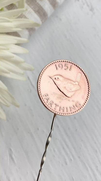 1951 farthing lapel pin, bronze gift.