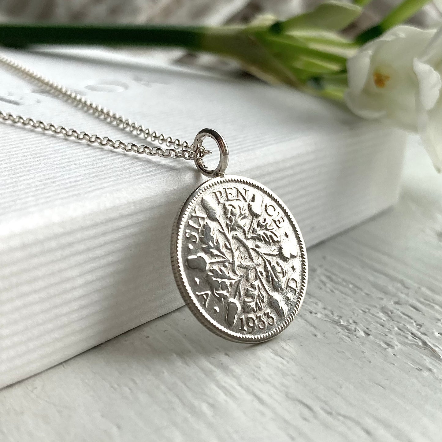 1933 Sixpence Acorns and Oak Leaves - Birthstone Necklace